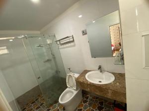 La salle de bains est pourvue de toilettes, d'un lavabo et d'une douche. dans l'établissement Nhat Hoang Hotel, à Hô-Chi-Minh-Ville