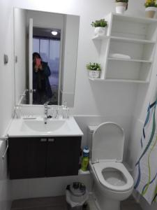 a bathroom with a sink and a toilet and a mirror at precioso departamento muy bien ubicado in Santiago
