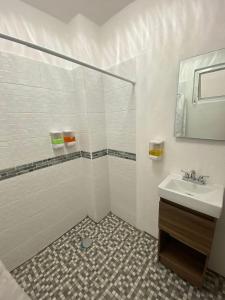 La salle de bains blanche est pourvue d'un lavabo et d'un miroir. dans l'établissement Hotel Posada Jardín Aguascalientes, à Aguascalientes