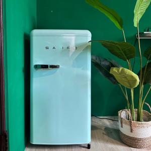 a blue refrigerator next to a green wall with a plant at 虎尾慢遊 in Huwei