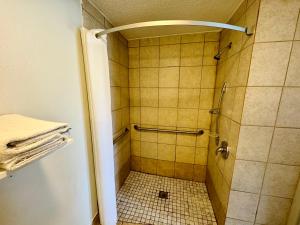 a bathroom with a shower with a tiled floor at Knights Inn Bridgeport Frankenmuth in Bridgeport +27 photos