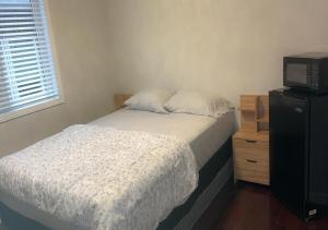 1 dormitorio con cama y vestidor con TV en Bright Queen Room en Brampton