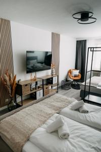 a bedroom with two beds and a large television at Fewo-Rathaus in Kempten