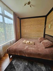 een slaapkamer met een bed en een groot raam bij Симфонія біля річки Чан in Skole