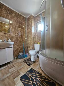 een badkamer met een bad, een toilet en een wastafel bij Симфонія біля річки Чан in Skole
