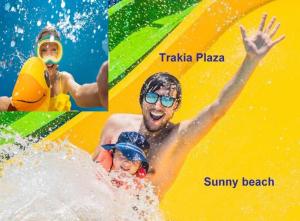 drie foto's van mensen op een vlot in het water bij Apartment Konstantin in Trakia Plaza in Sunny Beach