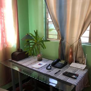 een bureau met een telefoon en een plant in een kamer bij Quiet Garden Home in Molino