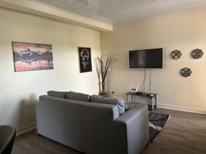 a living room with a couch and a flat screen tv at Cozy Kalundu Apartment in Lusaka