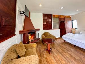 a living room with a bed and a fireplace at Mckay's Quinta in Yaruguí