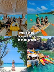 un collage di quattro foto di persone su una barca di Homestay Đảo Phú Quý-White Sand House a Cu Lao Thu