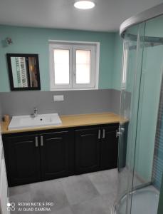 uma casa de banho com um lavatório e uma cabina de duche em vidro. em L'escapade em Julos