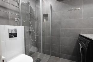 a bathroom with a shower with a toilet in it at Urban Oasis - Two Bedrooms - Balcony - Nearby Metro in Helsinki