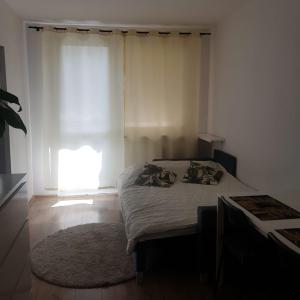 um quarto com uma cama, uma janela e um tapete em krynicka em Breslávia