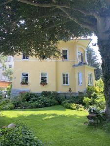 żółty dom z dwoma oknami i dziedzińcem w obiekcie NEU! Moderne Fewo Schieke w mieście Schleiz