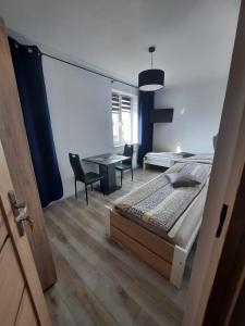 een slaapkamer met een bed en een tafel en stoelen bij Noclegi Janina Surmacz in Zwierzyniec