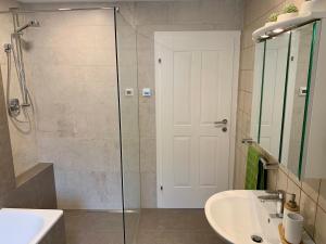 a bathroom with a glass shower and a sink at Ferienhaus Frieda 