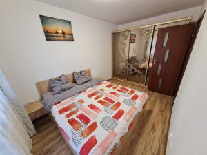 a bedroom with a bed and a mirror at A & I Apartment in Sibiu