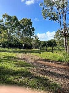 a dirt road in a field with trees in the background at Farnborough Stay in Yeppoon