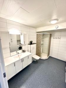 a white bathroom with a toilet and a sink at Longyearbyen Apartment in Longyearbyen