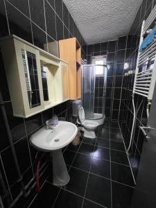 プリシュティナにあるNEWBORN CENTER hostelの黒いタイル張りのバスルーム(洗面台、トイレ付)