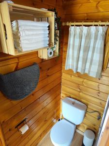 Baño pequeño con aseo y toallas en Cabaña los chorros en Riópar