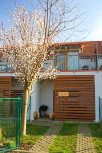 a house with a wooden garage door and a tree at Duplex apartmán Pálava in Dolní Dunajovice