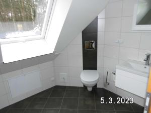 RadeburgにあるPension Jucundaのバスルーム(トイレ、洗面台付)、窓が備わります。