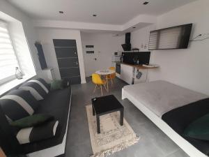 a bedroom with a bed and a couch and a table at Viva Apartments in Oświęcim