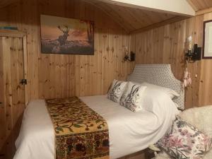 a bedroom with a bed in a room with wooden walls at Lovely shepherds hut in Cornwall in Camelford