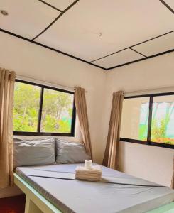 a bed in a room with two windows at Green Garden Beach Resort, Sipalay in Sipalay