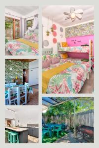 un collage de cuatro fotos de un dormitorio en Cape Agulhas BACKPACKERS, en Struisbaai
