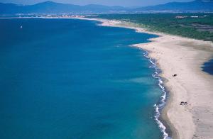 an aerial view of a beach and the ocean at Camping Village Il Sole in Marina di Grosseto