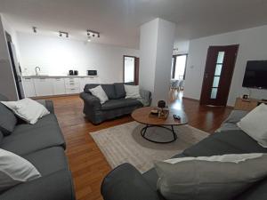 a living room with two couches and a table at Apartament na Placu Kaszubskim in Gdynia