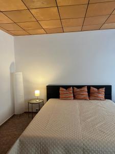 1 dormitorio con 1 cama con techo de madera en Pension Sternschnuppe, Treseburg Harz mit Biergarten & Restaurant, tierfreundlich, en Thale