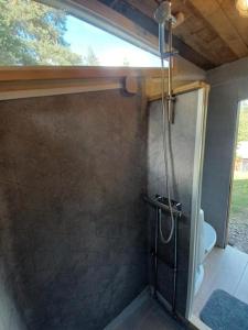 a bathroom with a shower with a toilet in it at Hemma fran Hemma - Stuga in Kvillsfors
