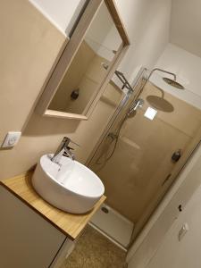 uma casa de banho com um lavatório e um chuveiro em Studio maillane em Maillane