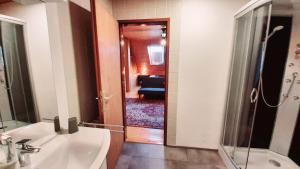 シュピールベルクにあるHaus am Ringの浴槽、洗面台、シャワーを備えたバスルーム +28枚の写真