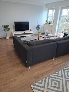 ein Wohnzimmer mit einem schwarzen Sofa und einem Flachbild-TV in der Unterkunft Ferienwohnung Waldeule in Bad Kissingen