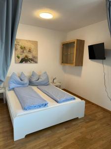 a bedroom with a white bed with blue pillows at Appartement Emat 13 in Telfs