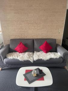 a grey couch with red pillows and a white table at Modern Apartment in Augsburg