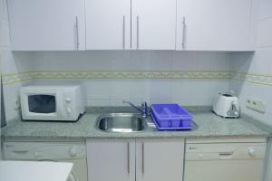 encimera de cocina con fregadero y microondas en Cozy 2 bedrooms apartment in Chamberi (A.M), en Madrid