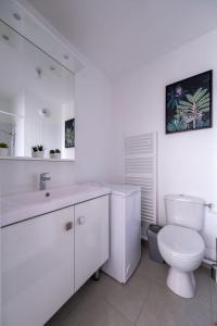 bagno con servizi igienici, lavandino e specchio di S5 Disney Studio Appartement Cosy a Serris