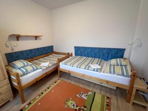 2 camas individuais num pequeno quarto com um tapete em Örömvölgy Vendégház em Bózsva