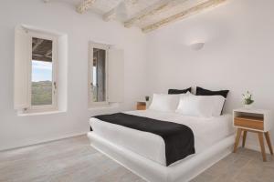 een witte slaapkamer met een wit bed en 2 ramen bij Mykonian Icon Villa in Mykonos-stad