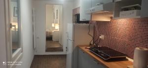 a kitchen with a refrigerator and a tile wall at BELLA PRIMO PIANO in Forlì