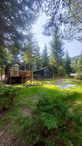 a yard with a house and a bench in the grass at Tumba Sisli Vadi in Kartepe