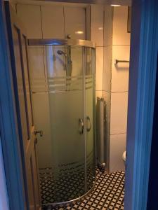 a shower with a glass door in a bathroom at Urga Butik Otel & Restaurant in Gulluk