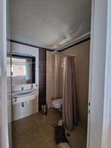 a bathroom with a sink and a toilet and a mirror at Porto Xronia in Khronia