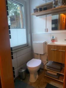 ein Bad mit einem WC, einem Waschbecken und einem Fenster in der Unterkunft Ferienhaus Erinnerung in Friedrichroda