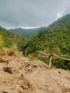 uma vista para uma estrada de terra com uma montanha em Agamang Traditional House Inn em Banaue